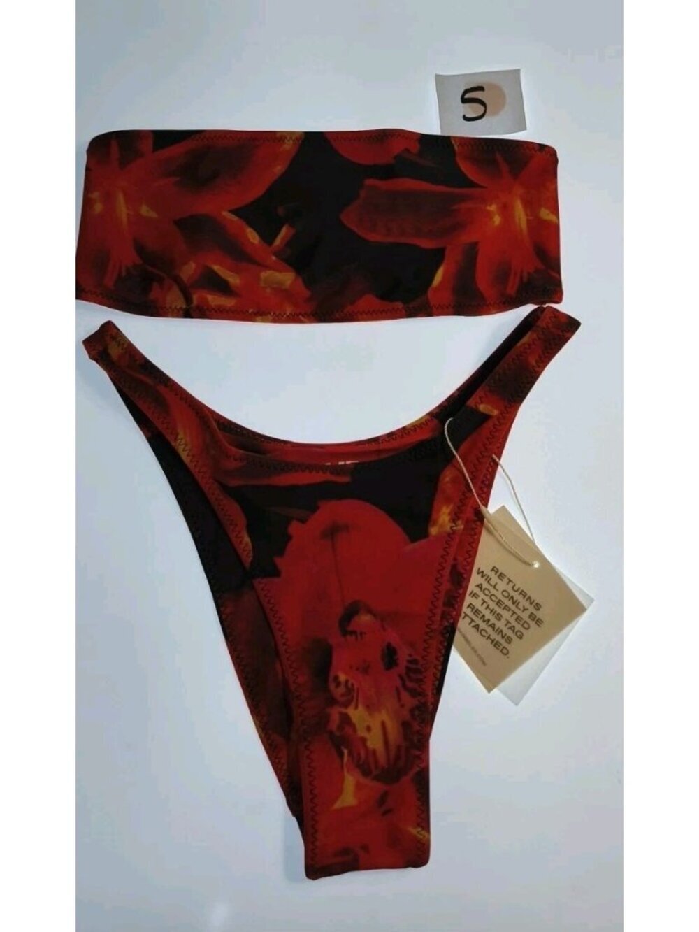 SAME Los Angeles Bandeau Bikini Set NWT Red Floral Print S M L High Cut